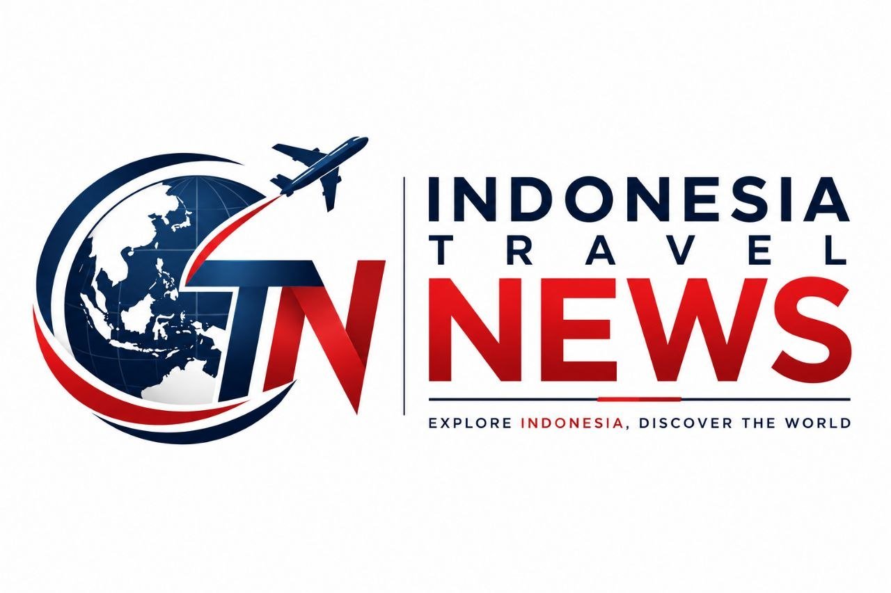 Indonesia Travel News logo featuring a globe, airplane, and red-blue typography representing Indonesia tourism news, travel destinations, and travel guides.