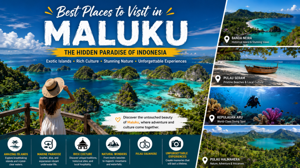Best places to visit in Maluku featuring Banda Neira, Seram Island, Aru Islands, Halmahera, pristine beaches, crystal-clear waters, and tropical landscapes in eastern Indonesia.