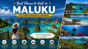 Best places to visit in Maluku featuring Banda Neira, Seram Island, Aru Islands, Halmahera, pristine beaches, crystal-clear waters, and tropical landscapes in eastern Indonesia.