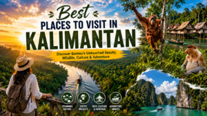 Best places to visit in Kalimantan featuring tropical rainforests, orangutans, Dayak villages, rivers, and stunning natural landscapes in Indonesian Borneo.
