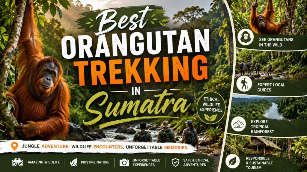 Best orangutan trekking in Sumatra featuring a wild Sumatran orangutan in Bukit Lawang, Gunung Leuser National Park with ethical jungle trekking and local guides.