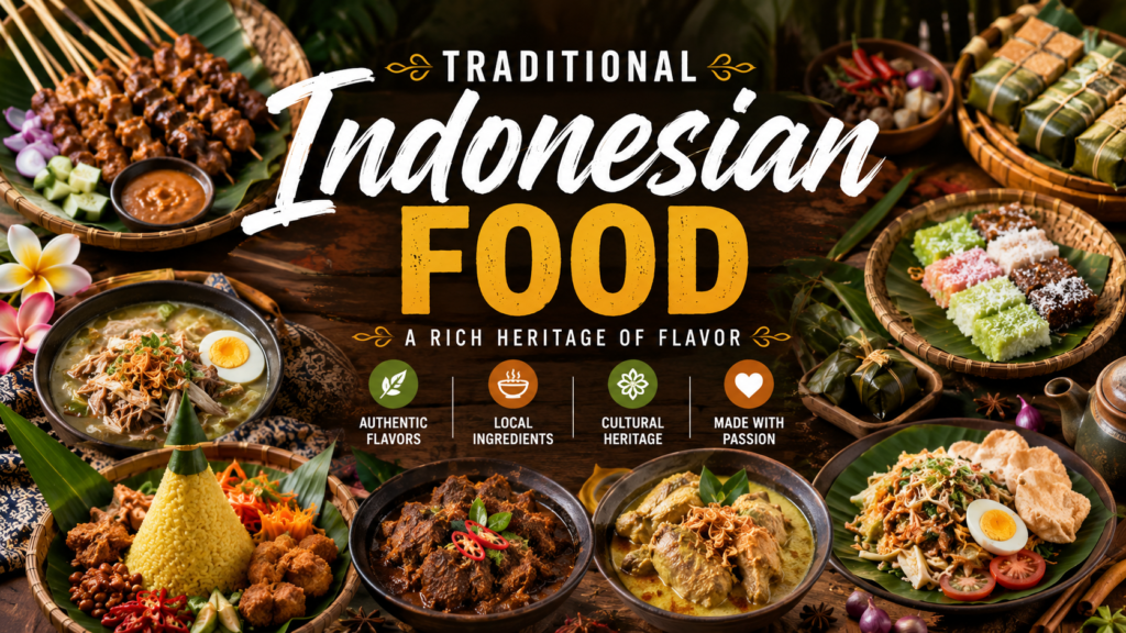 Traditional Indonesian food featuring rendang, satay, nasi tumpeng, soto ayam, gado-gado, and authentic local cuisine from across Indonesia.