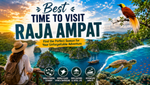 Featured image of Raja Ampat showing turquoise lagoons, limestone islands, a traditional phinisi boat, marine wildlife, and tropical scenery representing the best time to visit Raja Ampat, Indonesia.