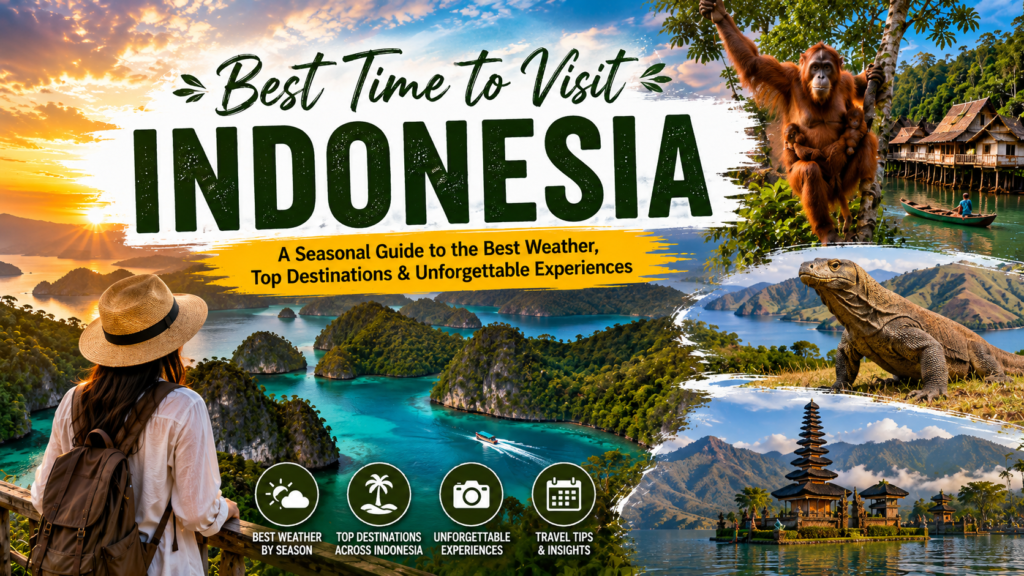 Best Time to Visit Indonesia featuring Raja Ampat, Komodo National Park, orangutans, Bali temple, tropical islands, and Indonesia's stunning natural landscapes.