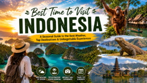 Best Time to Visit Indonesia featuring Raja Ampat, Komodo National Park, orangutans, Bali temple, tropical islands, and Indonesia's stunning natural landscapes.