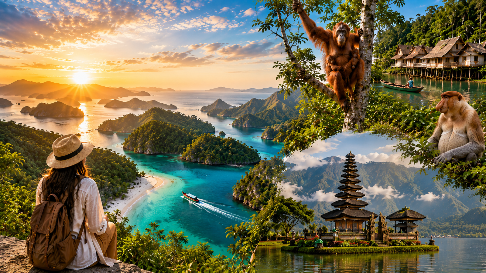 Best Time to Visit Indonesia featuring Raja Ampat, Komodo National Park, orangutans, Bali temple, tropical islands, and Indonesia's stunning natural landscapes.