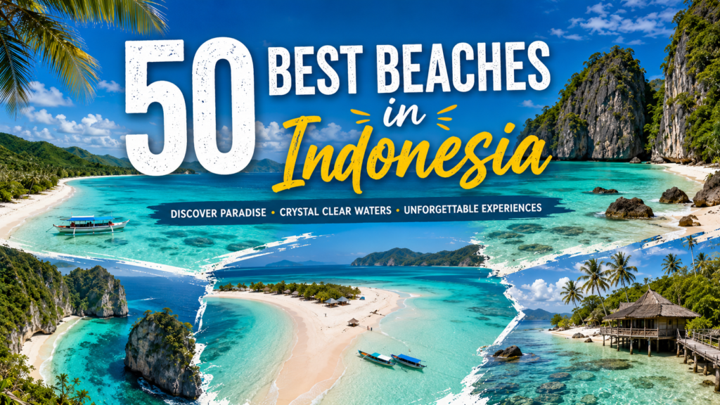 50 Best Beaches in Indonesia featuring pristine white sand beaches, crystal-clear turquoise waters, tropical islands, limestone cliffs, palm trees, and breathtaking coastal landscapes across Indonesia.