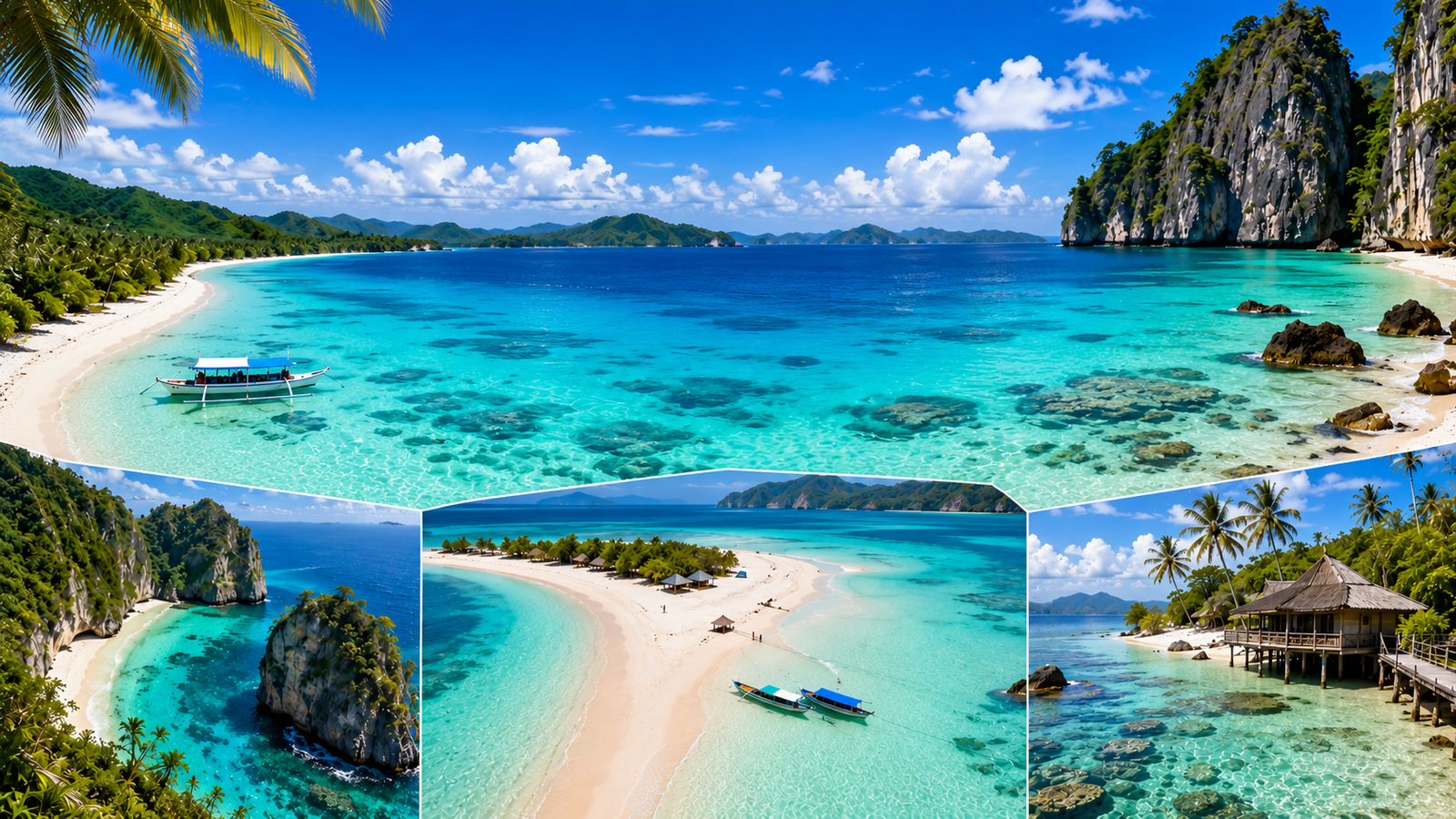 50 Best Beaches in Indonesia featuring pristine white sand beaches, crystal-clear turquoise waters, tropical islands, limestone cliffs, palm trees, and breathtaking coastal landscapes across Indonesia.