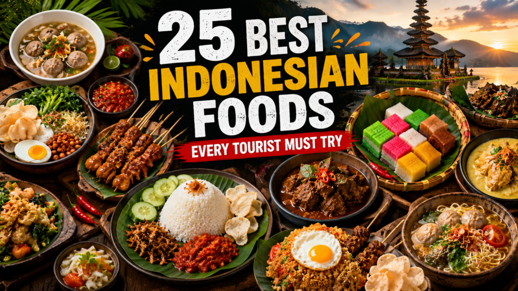25 Best Indonesian Foods Every Tourist Must Try featuring authentic Indonesian cuisine including Nasi Goreng, Rendang, Satay, Soto, Gudeg, traditional desserts, and local specialties from across Indonesia.