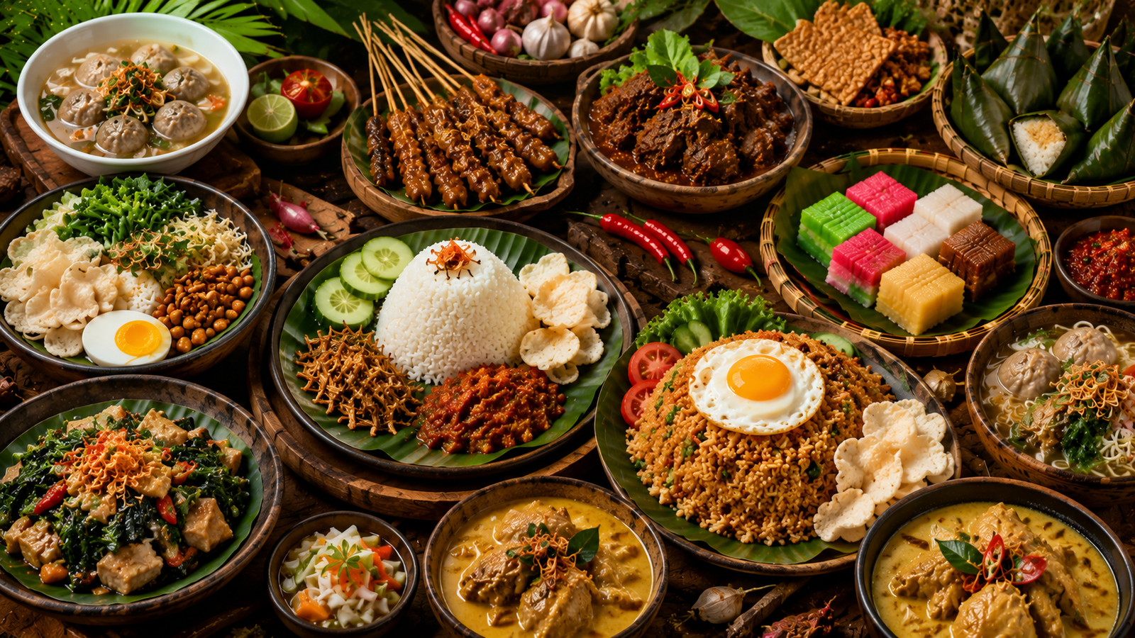 25 Best Indonesian Foods Every Tourist Must Try featuring authentic Indonesian cuisine including Nasi Goreng, Rendang, Satay, Soto, Gudeg, traditional desserts, and local specialties from across Indonesia.