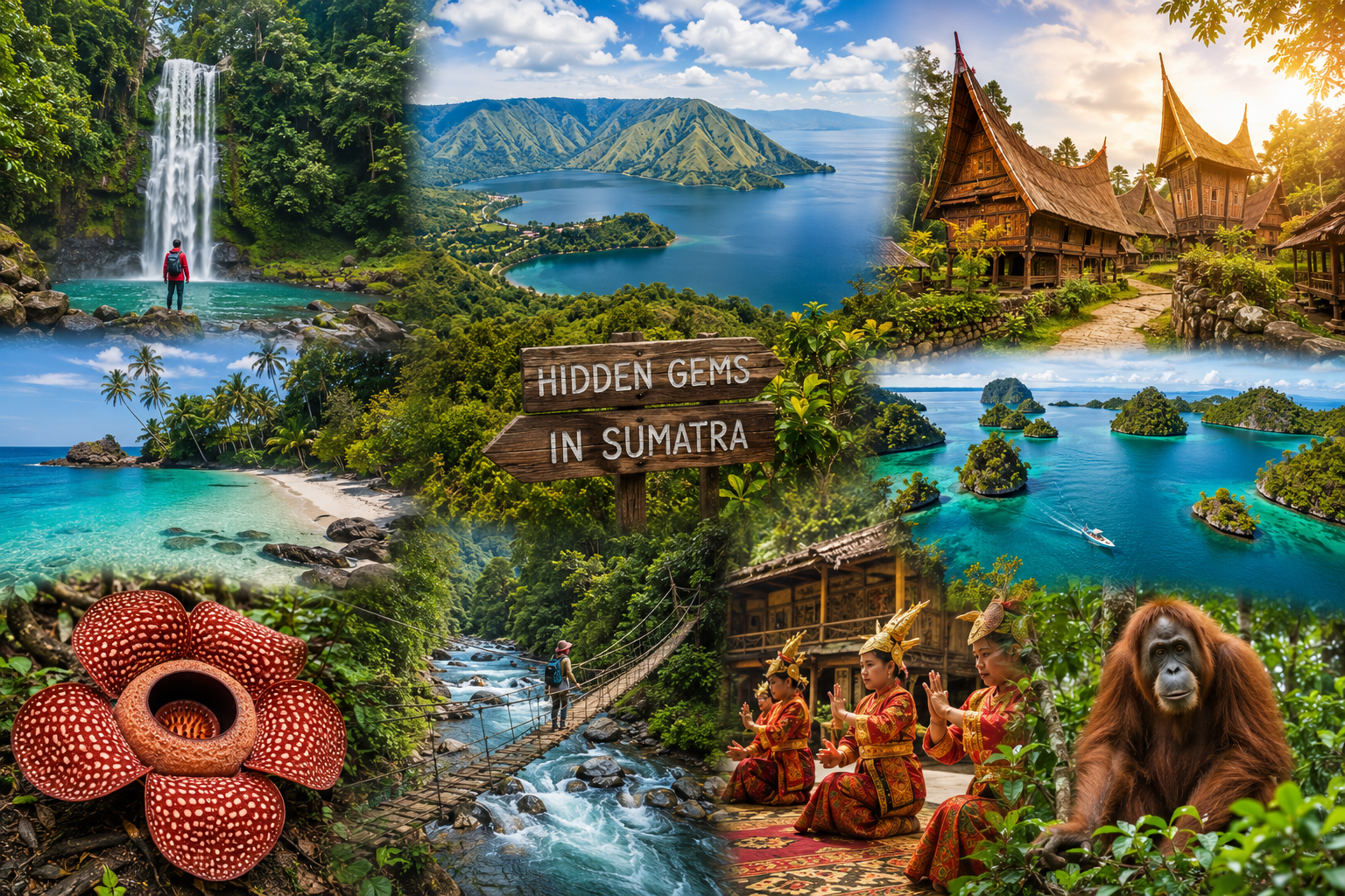 Hidden gems in Sumatra featuring pristine waterfalls, Lake Toba, tropical islands, traditional villages, rainforests, Sumatran orangutans, Rafflesia flower, and untouched natural attractions in Indonesia.