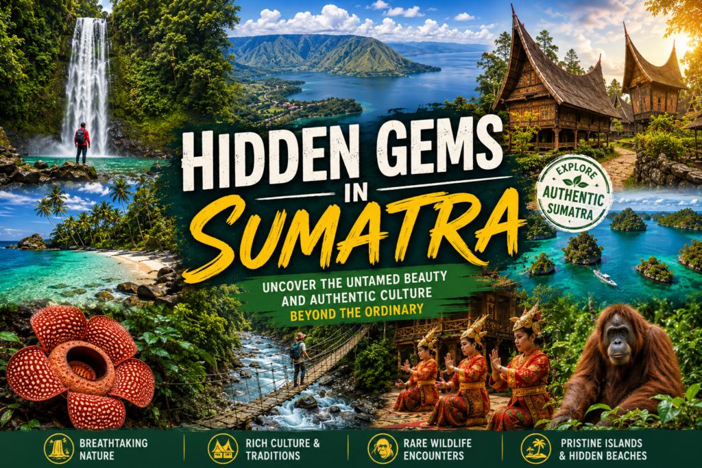 Hidden gems in Sumatra featuring pristine waterfalls, Lake Toba, tropical islands, traditional villages, rainforests, Sumatran orangutans, Rafflesia flower, and untouched natural attractions in Indonesia.