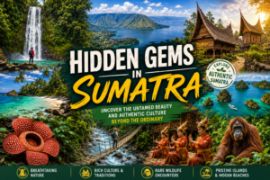 Hidden gems in Sumatra featuring pristine waterfalls, Lake Toba, tropical islands, traditional villages, rainforests, Sumatran orangutans, Rafflesia flower, and untouched natural attractions in Indonesia.