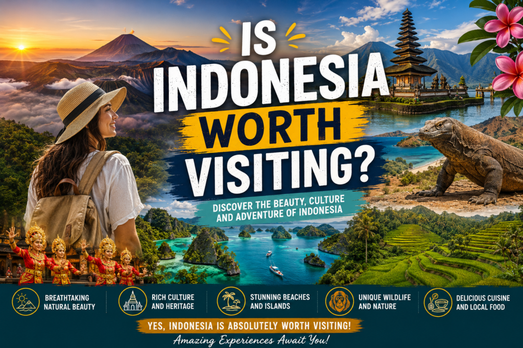 Beautiful Indonesia travel destinations featuring Bali temples, Raja Ampat islands, Mount Bromo, Lake Toba, Komodo dragon, waterfalls, rice terraces, traditional culture, and tropical landscapes in Indonesia.