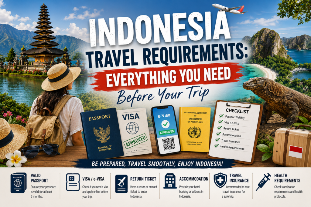 Indonesia travel requirements featuring passport, visa, international flight, travel documents, Bali temple, Mount Bromo, Raja Ampat, Komodo dragon, tropical landscapes, and essential travel preparation before visiting Indonesia.