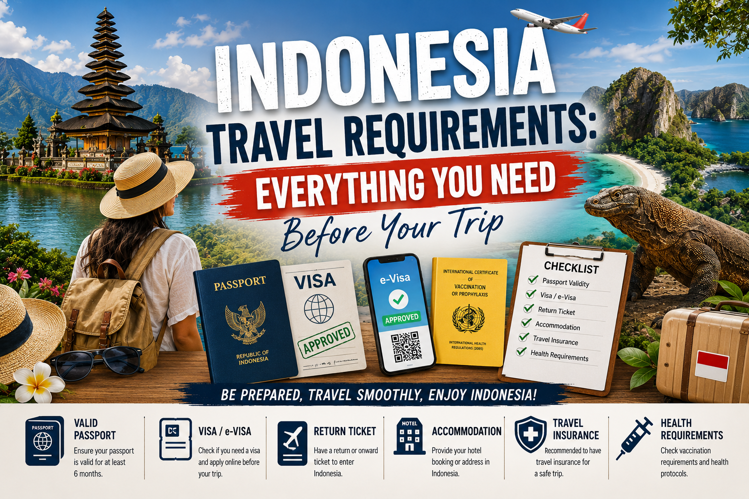 Indonesia travel requirements featuring passport, visa, international flight, travel documents, Bali temple, Mount Bromo, Raja Ampat, Komodo dragon, tropical landscapes, and essential travel preparation before visiting Indonesia.